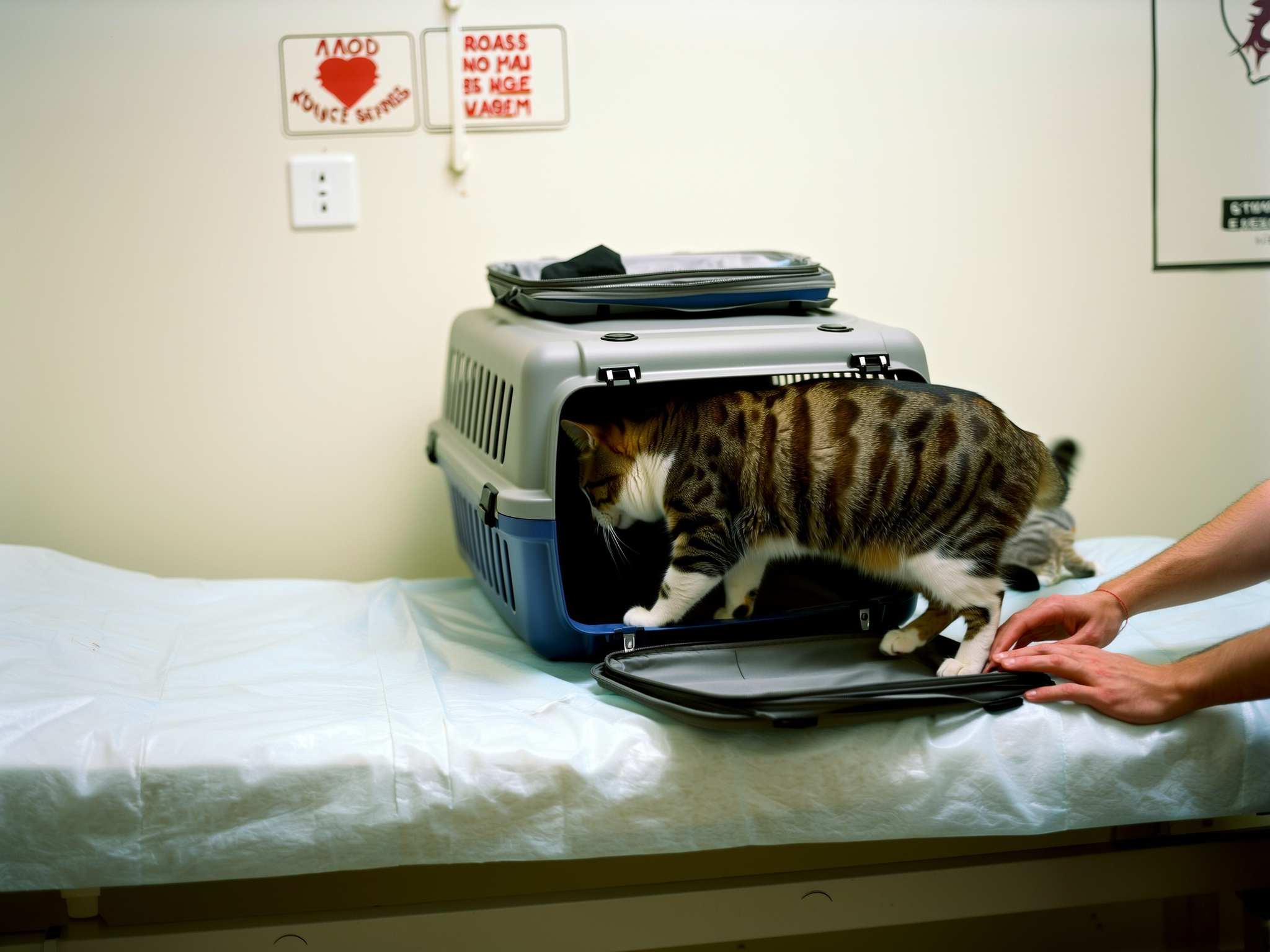 Een kat stapt zelf haar reismand uit op de onderzoekstafel.