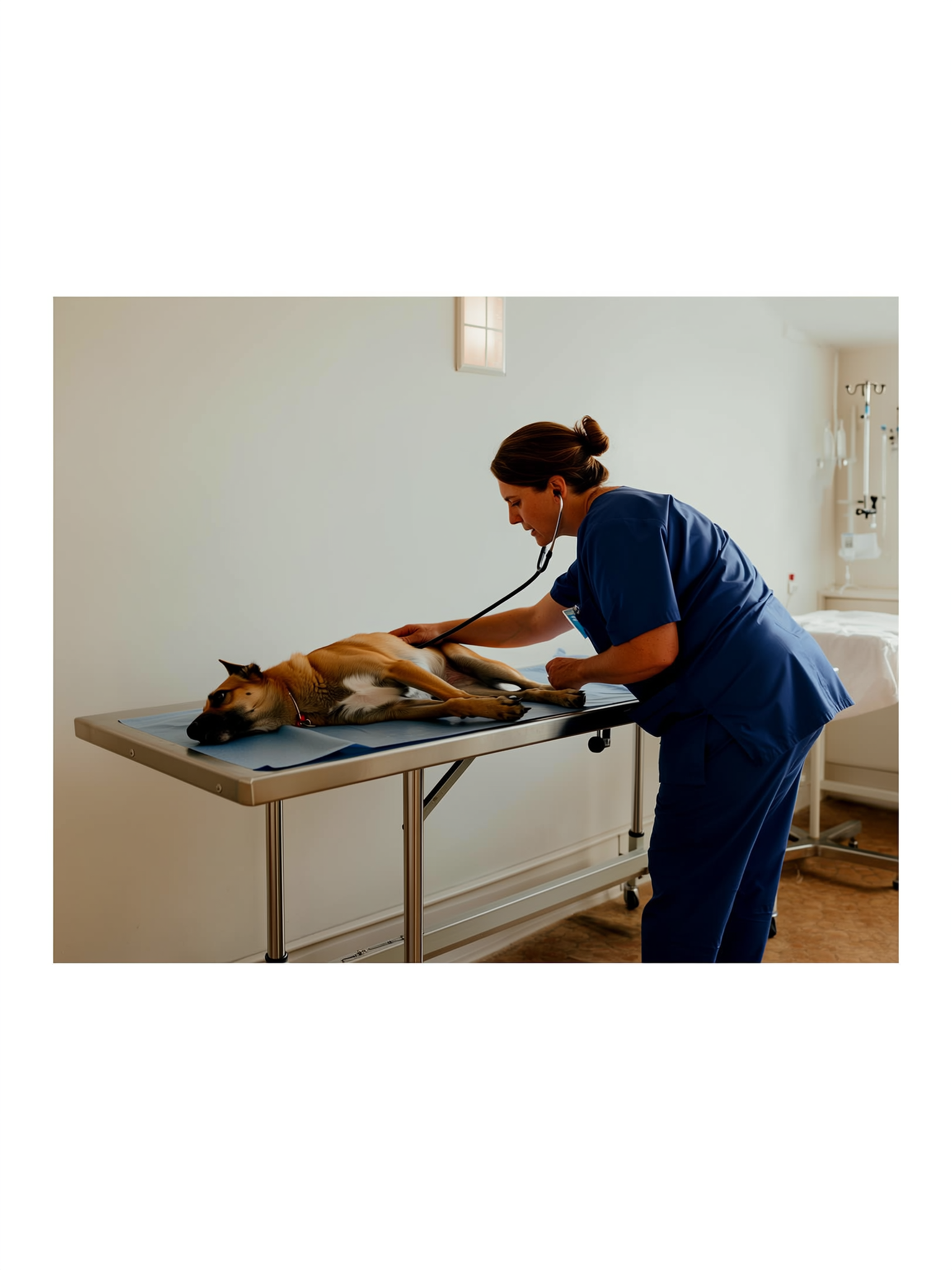 Een dierenarts onderzoekt rustig een hond die op de behandeltafel ligt.