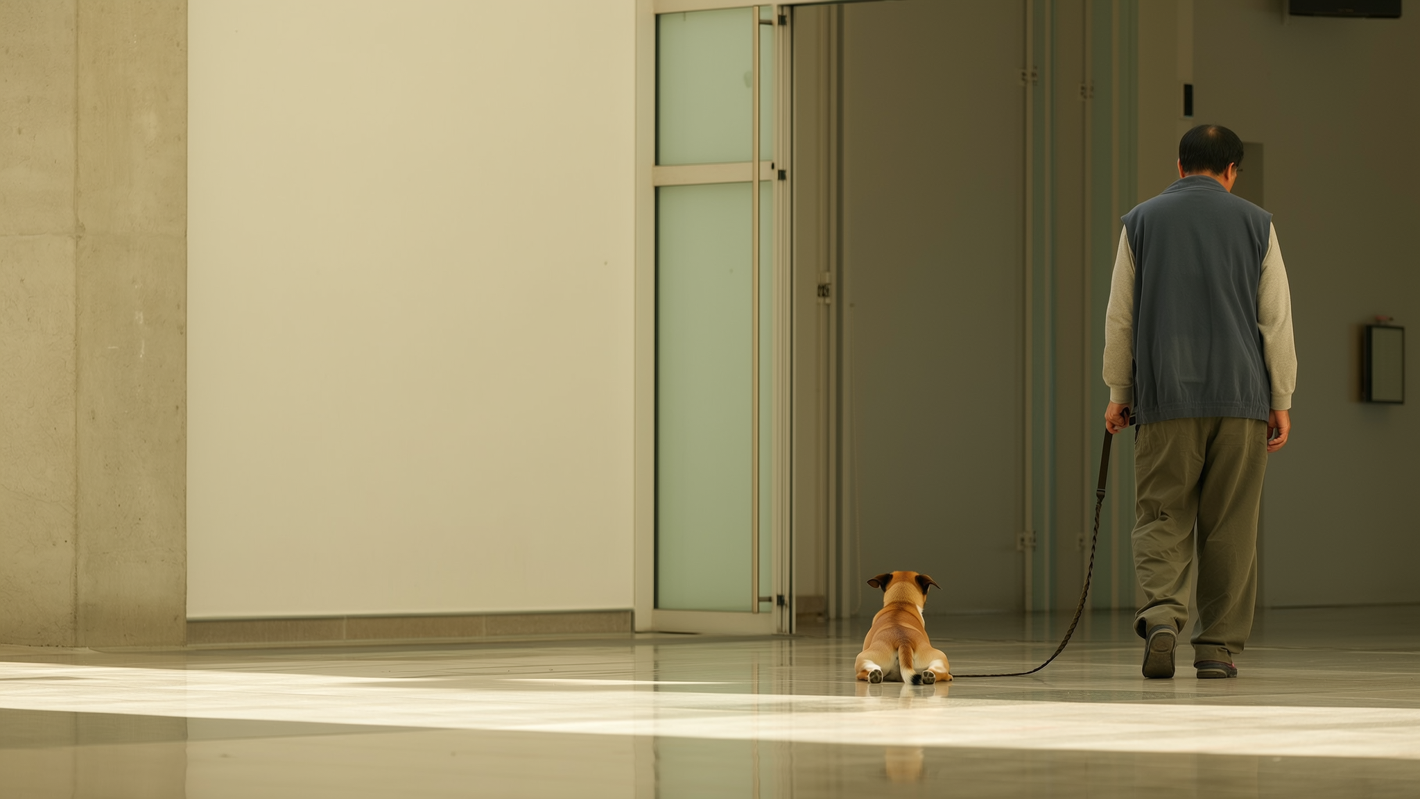 Een hond wacht rustig aangelijnd terwijl de eigenaar bij de balie is.
