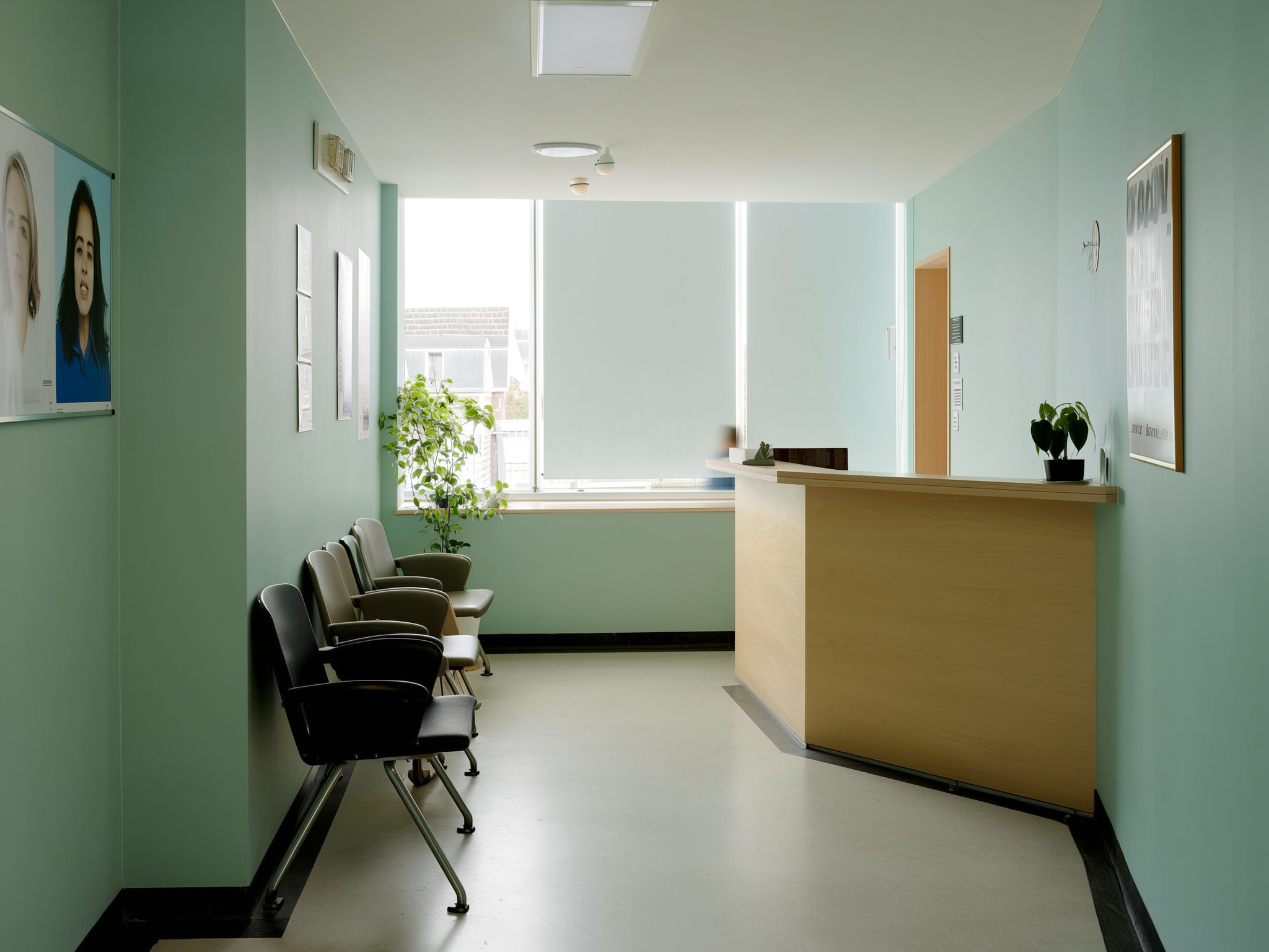 De rustige wachtruimte van de kliniek, met een paar stoelen en de balie.