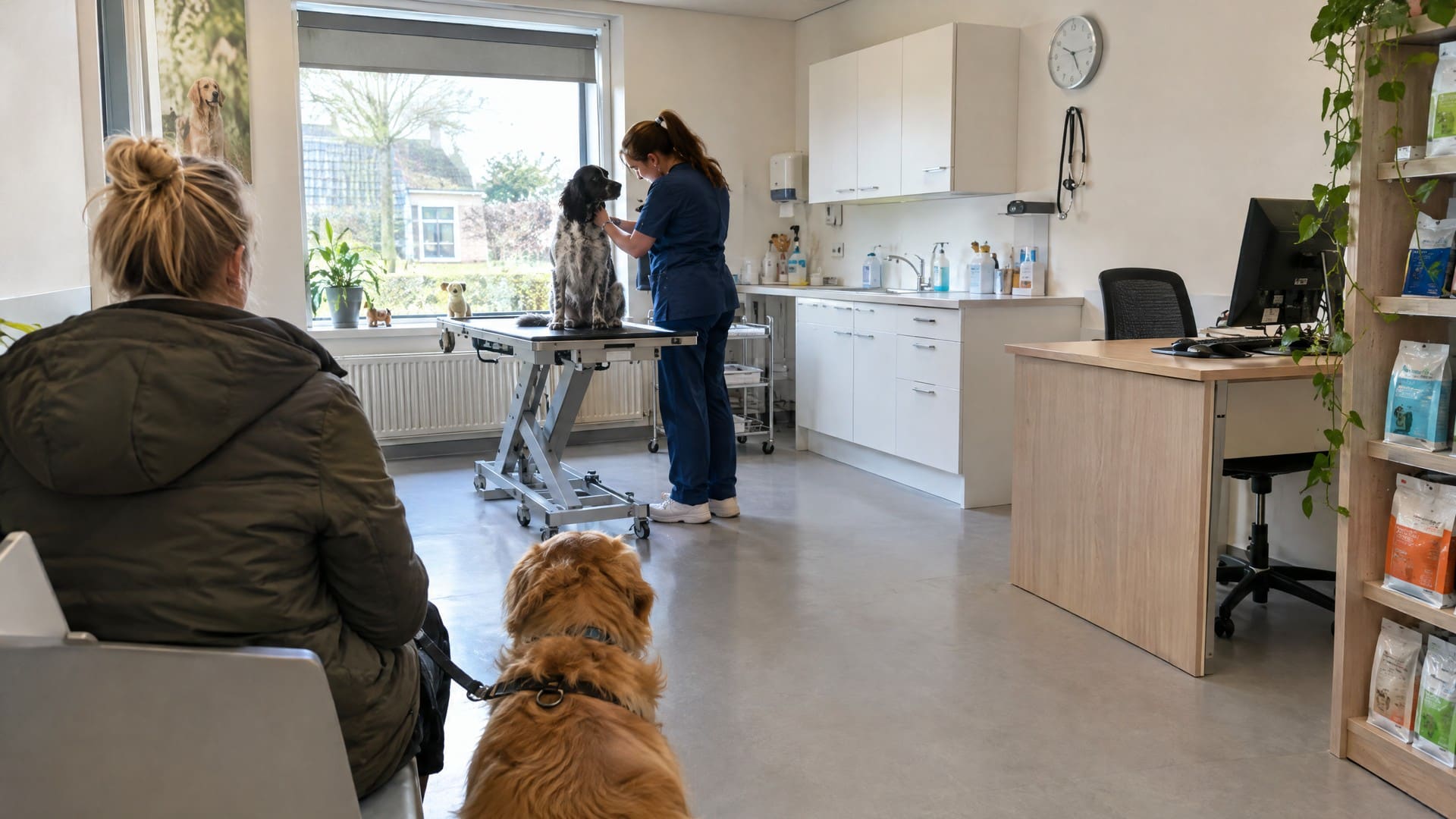 Een spreekkamer van een dierenkliniek: een hond staat op de behandeltafel bij de dierenarts, een tweede hond wacht bij zijn baas.